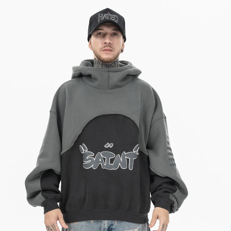 OEM Men Patchwork Hoodie Custom Puff Printing Logo 100 Cotton  Contrast Color Style Casual Quantity New Autumn Clothes