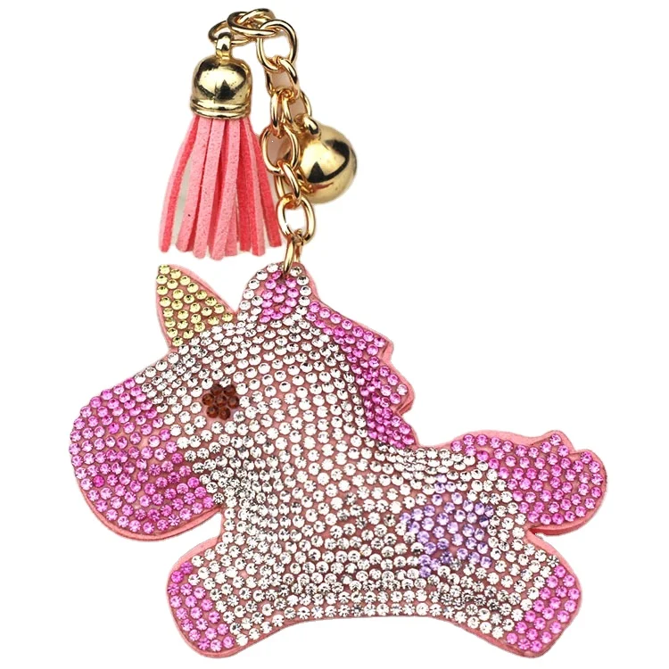 Novelty Cute Bling Shiny Unicorn Shaped  with diamond  covered Leather PU Keyring  Key Ring key chain Keychain