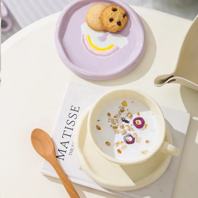 Creative Hand Pinched Ceramic Coffee Cup And Saucer Set Exquisite Porcelain Tea Mug For Daily Use With Handle Rainbow Pattern