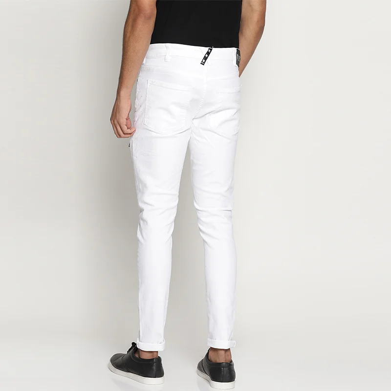 White Denim Zipper Detail Skinny Fit Ripped Stretchy Jeans Casual Pants Mens