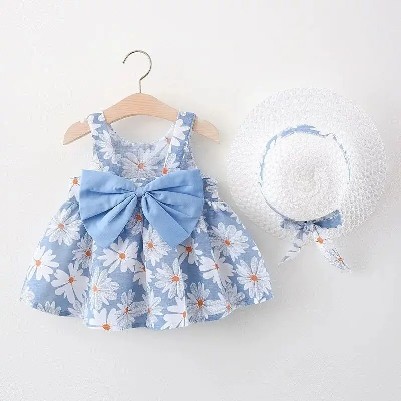 kids clothing bow knot girl dress summer baby dresses with hat