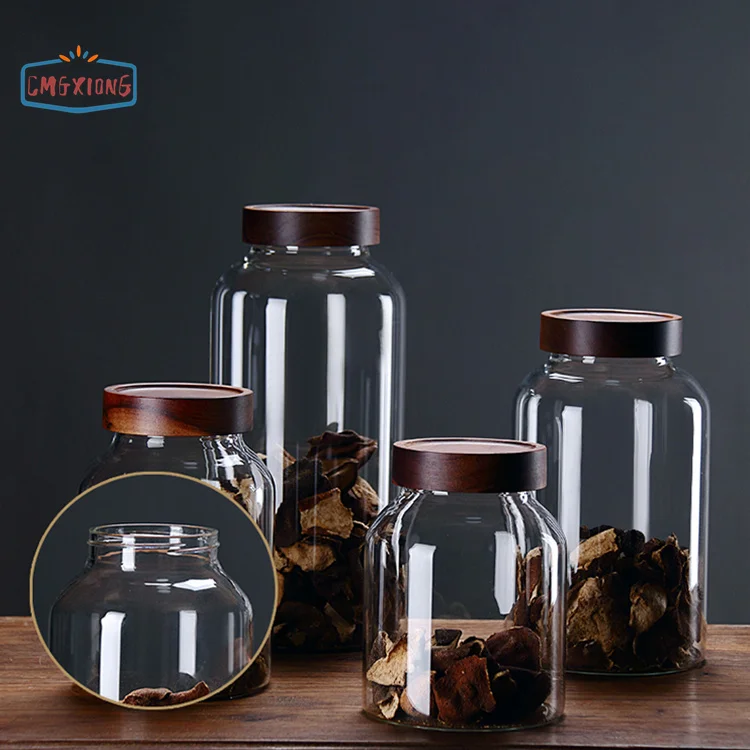 Large capacity High borosilicate glass tangerine peel storage jar with wooden lid