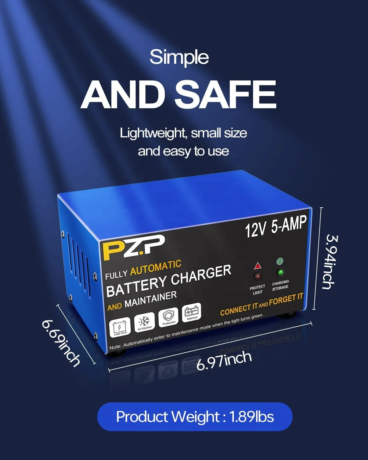 PZP 12V 5A Battery Charger Smart Automotive 12 Volt Trickle Charger and Maintainer 12V Car Battery Charger