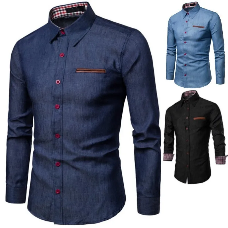 Denim Mens Shirts Long Sleeve Pocket Leather Patchwork Cotton Jeans Shirt for Men Button Up Designers Plus Size Man Shirt 2024
