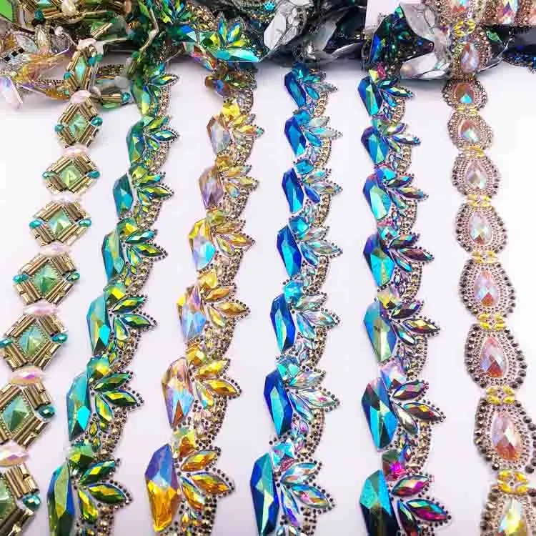 Fancy stones trim carnival Iridescent iron on rhinestone trimming for band costumes customized