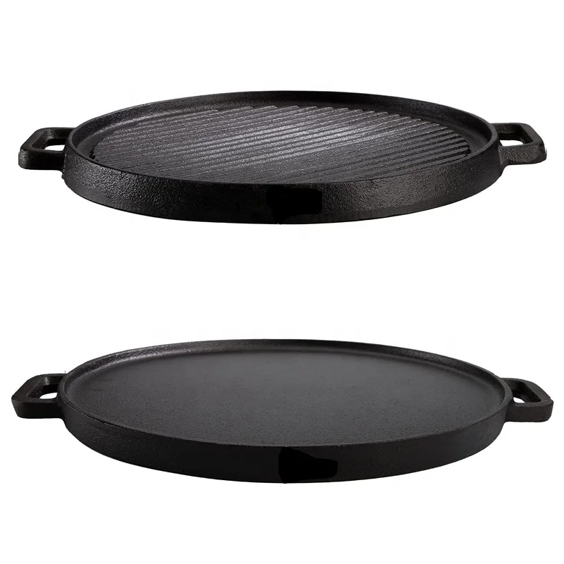 Round BBQ Grill Pan Cast Iron Pre-Seasoned Vegetable Oil Large BBQ Griddle