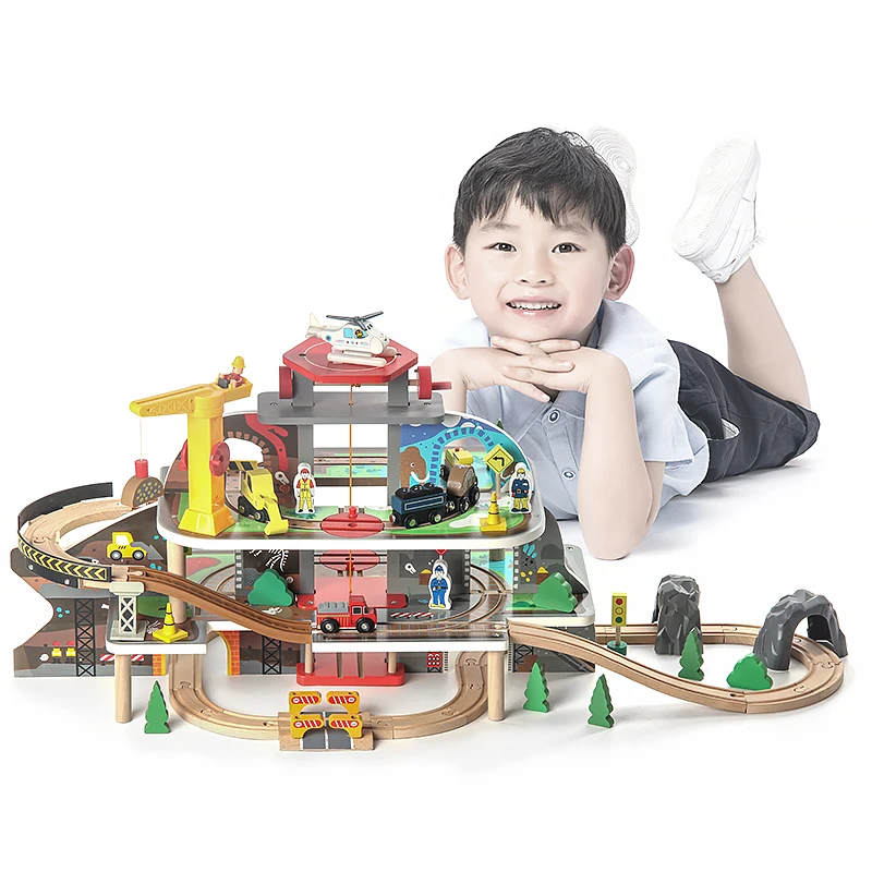 Toddler Christmas Train Set Kids Construction Toys Car Track 79pcs Slot Toys Wooden Railway Set For Crane And Cargo Set
