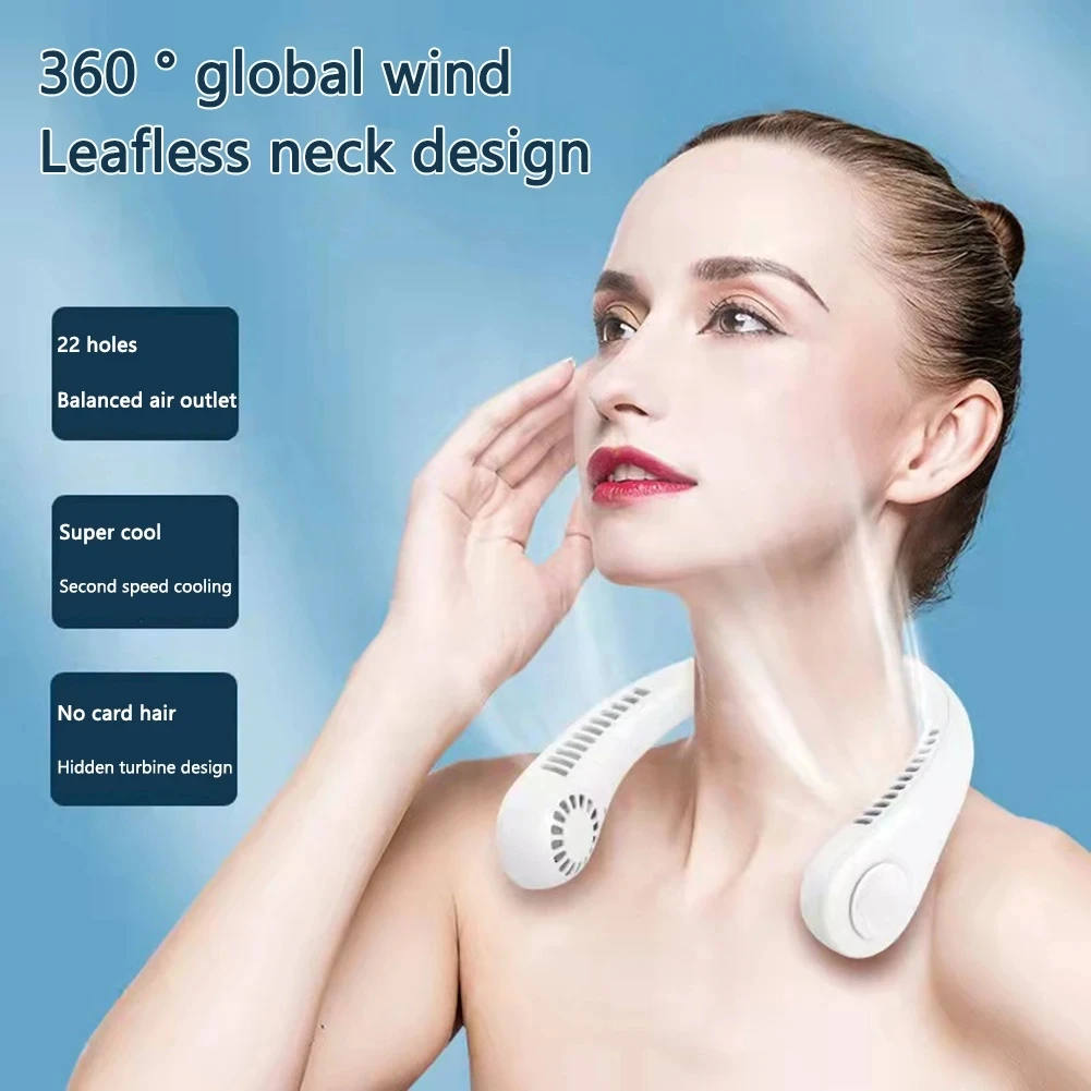 New Mini Neck Fan Portable Bladeless Hanging Neck 1200mAh Rechargeable Air Cooler 3 Speed Mini Summer Sports Fans