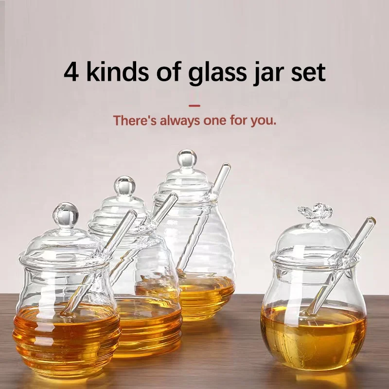 Factory Wholesale High Borosilicate Glass Honey Jar set with Lid and Stirring Rod New Style Glass Jar with Streak Custom Package