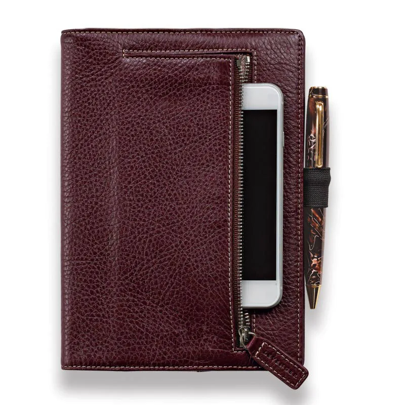 Full-grain pebbled leather refillable paper cover planners pen loop personal journal notebook with pocket