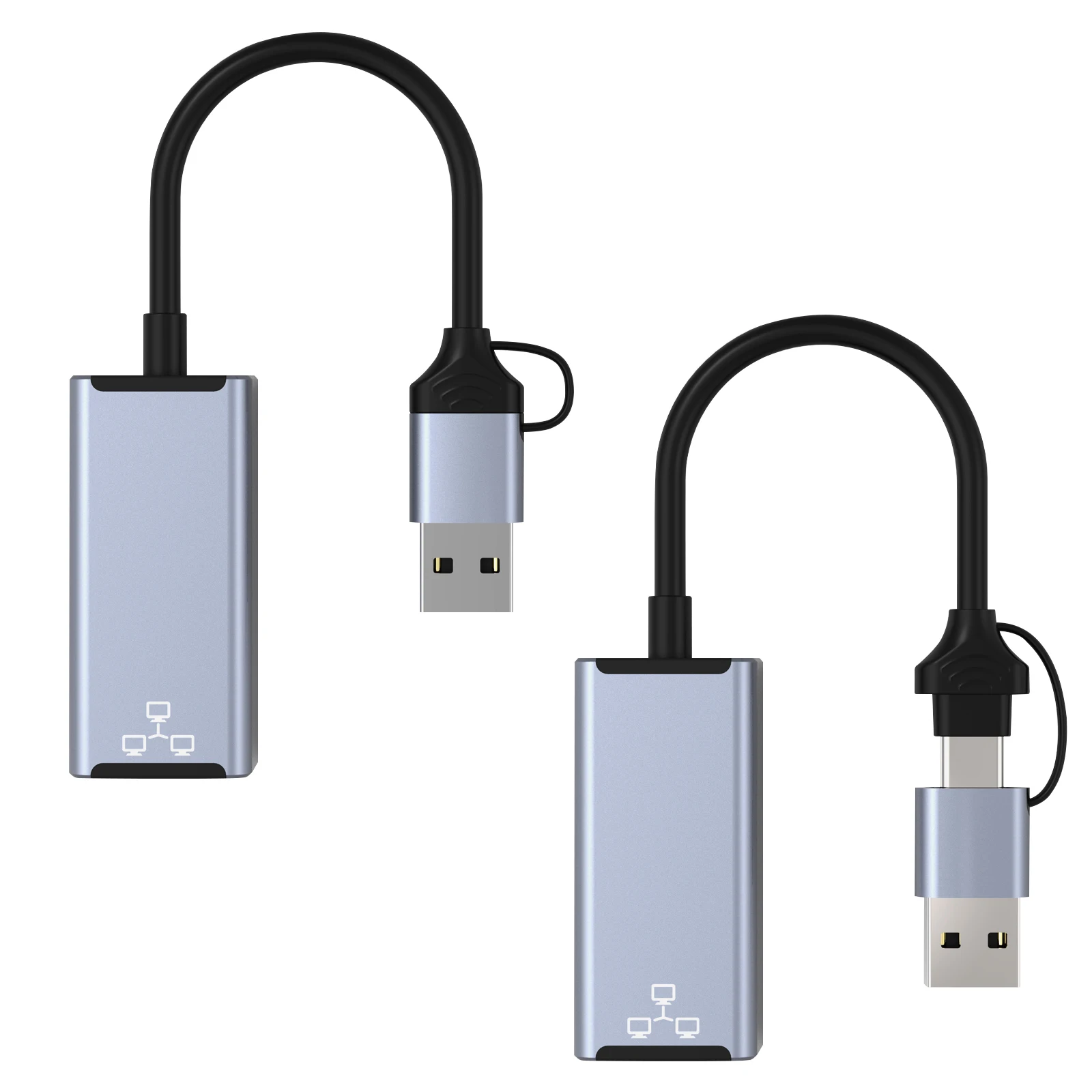 2022 New Factory Wholesale 2 in 1 Aluminum Alloy Multiple USB C USB A to Ethernet rj45  Adapter For Phone and Laptop
