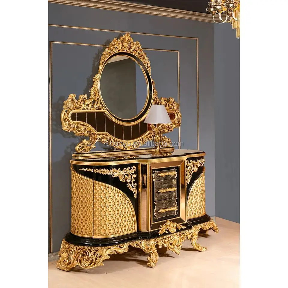 2023 Turkish Middle East Eastern Luxury Antique Royal Hand Carved Bed Room Furniture Set Five Pieces Black Gold African American