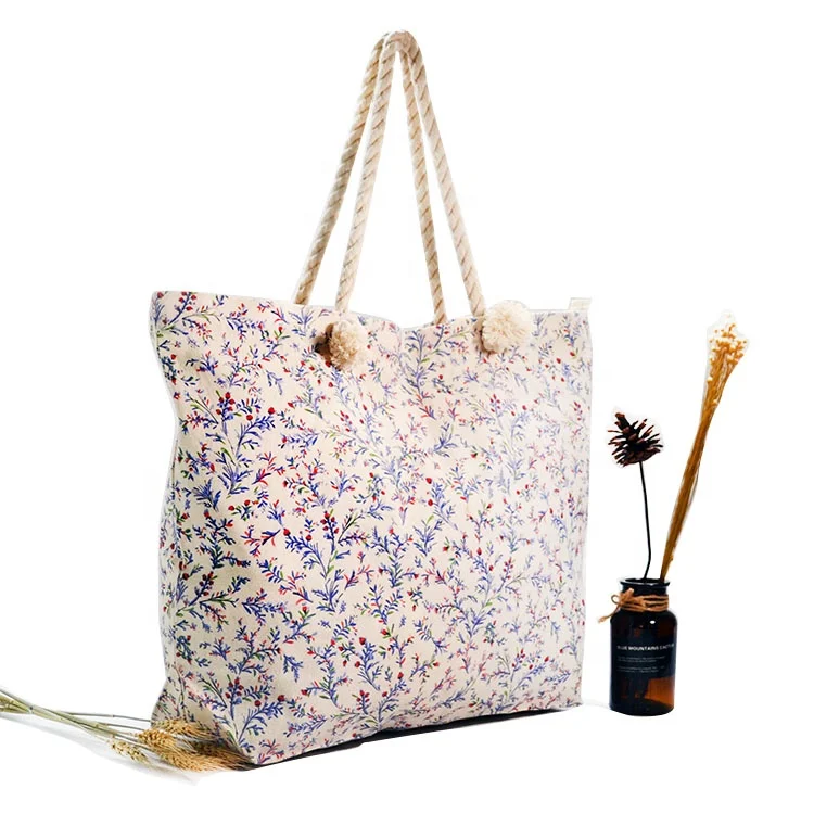 Wholesale Cotton Rope Handle Shoulder Tote Bag Cotton Beach Bag With Custom Printed Logo