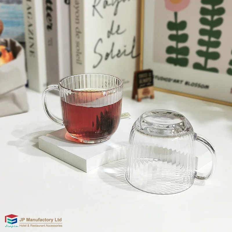 Striped clear 330ml plastic coffee tea mug milk cup custom printed PC coffee cups with handle