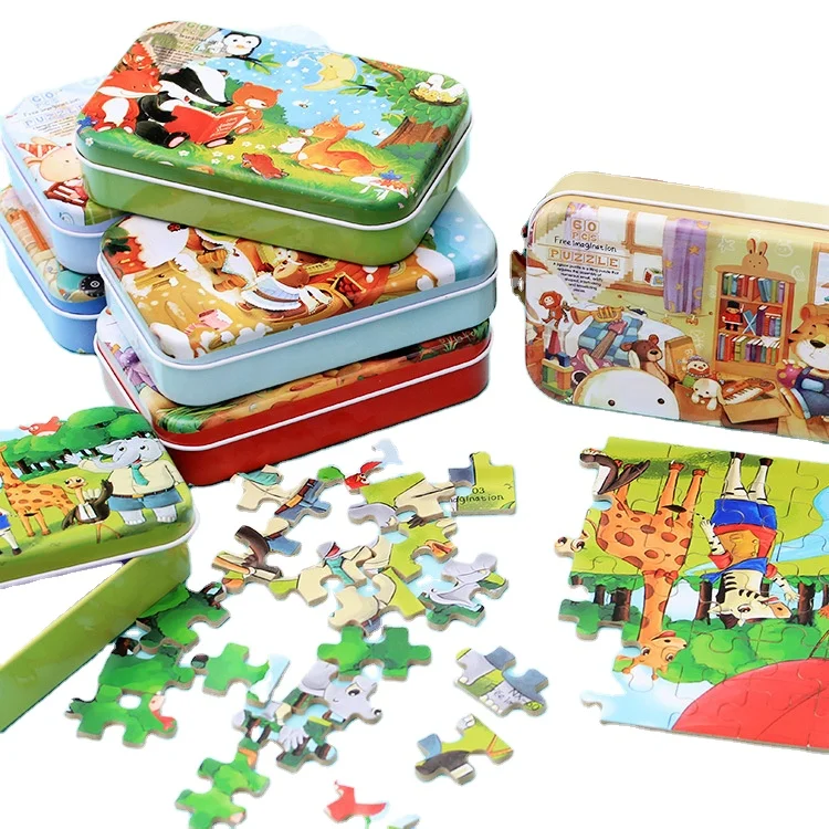 2024 Children Wooden 60piece Iron Box Cartoon Animal Jigsaw Puzzle Game Toy Preschool Early Education Toys For Kids Boys Girls