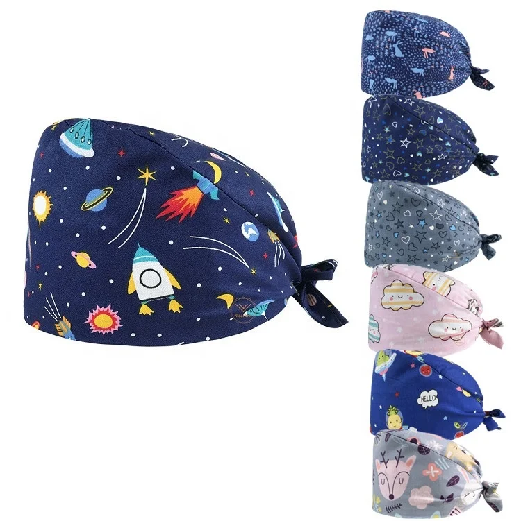 2021 New Custom Unisex Hair Hats Adjustable Doctor Working Nurse Scrub Caps Old Fashion Nurses Hat Hospital Cotton Print Cap