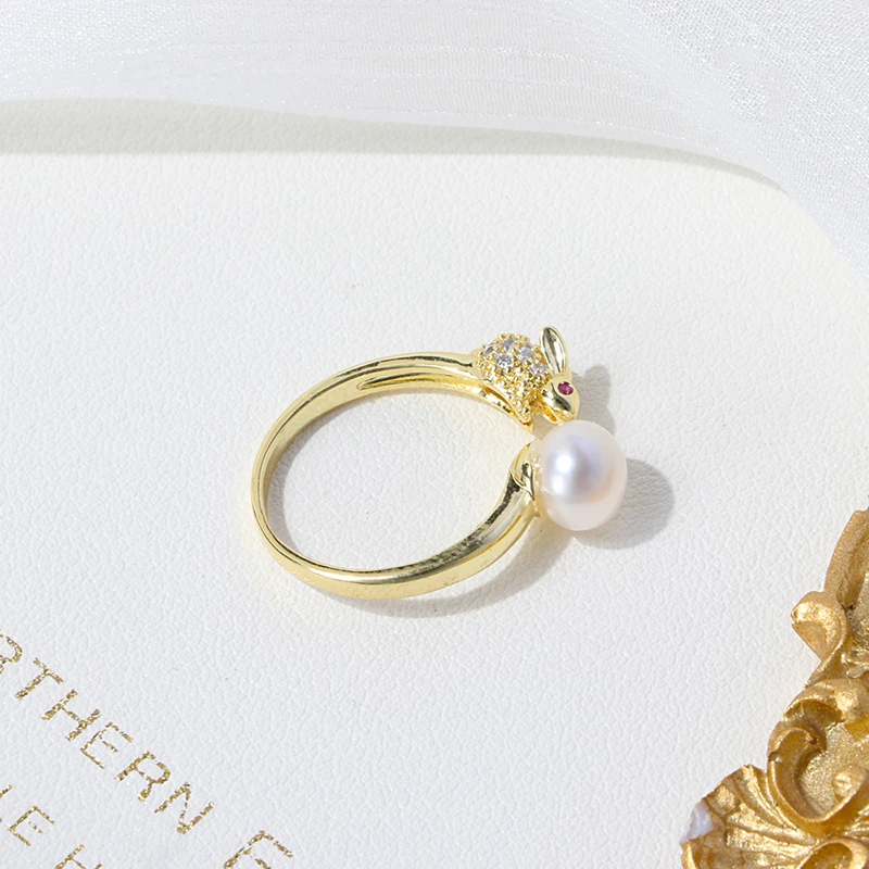 Модное кольцо с жемчугом и пуговицами размером 7-8 мм, покрытое позолотой 14 к, с милым Кроликом, по низкой цене