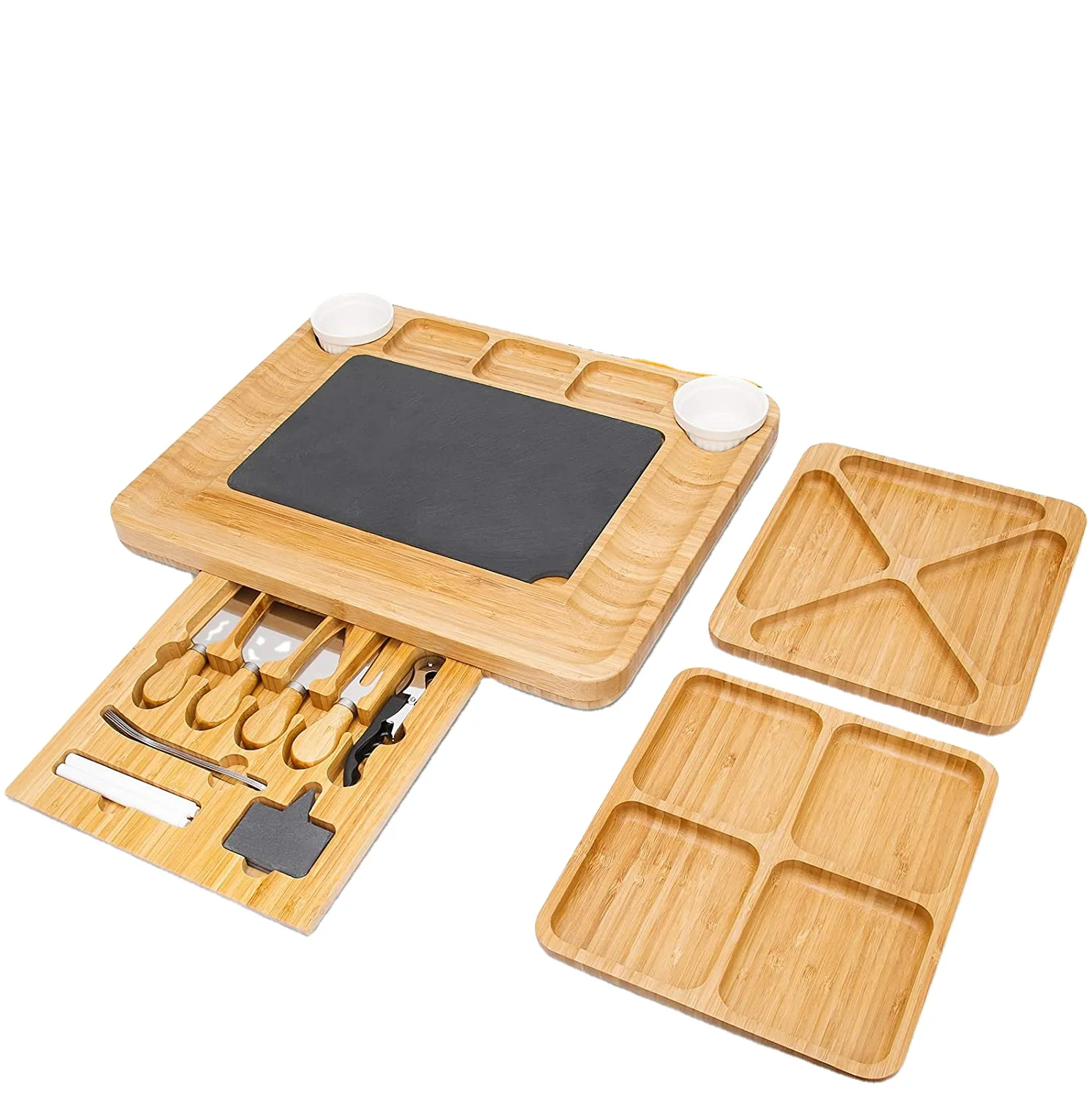 Wholesale Bamboo Cheese Board With Cheese Knives Black Slate Labels Wine Opener Ceramic Bowls