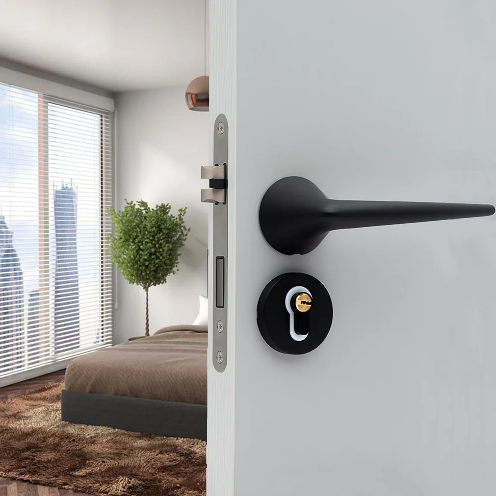 Modern Aluminium Alloy Handle Black Silent Split Door Plate Lock Handle for House Wood Door