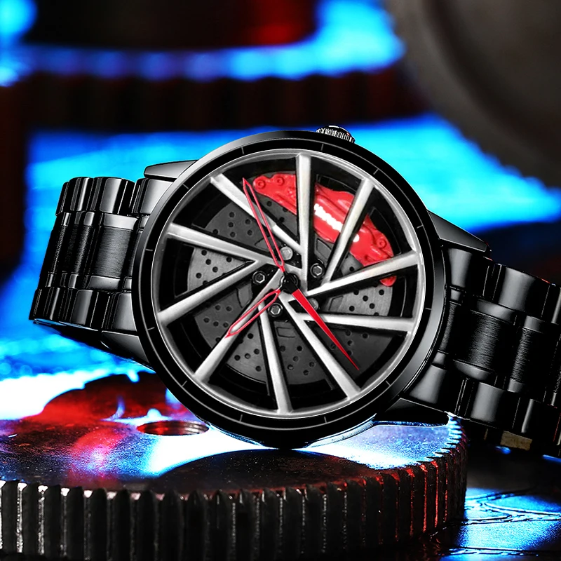 3D Spinning Model Unique Rim Watch Hub Custom Design Sports Car Rim Watch Waterproof Creative Watch Mens Wheel Wristwatch Clock