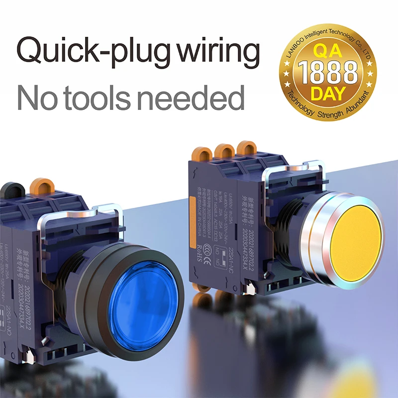 LANBOO 22mm Plug-in High current 25A Metal push button switch indicator light  LED 1NO1NC 2NO Momentary Latching 12V 24V 220V