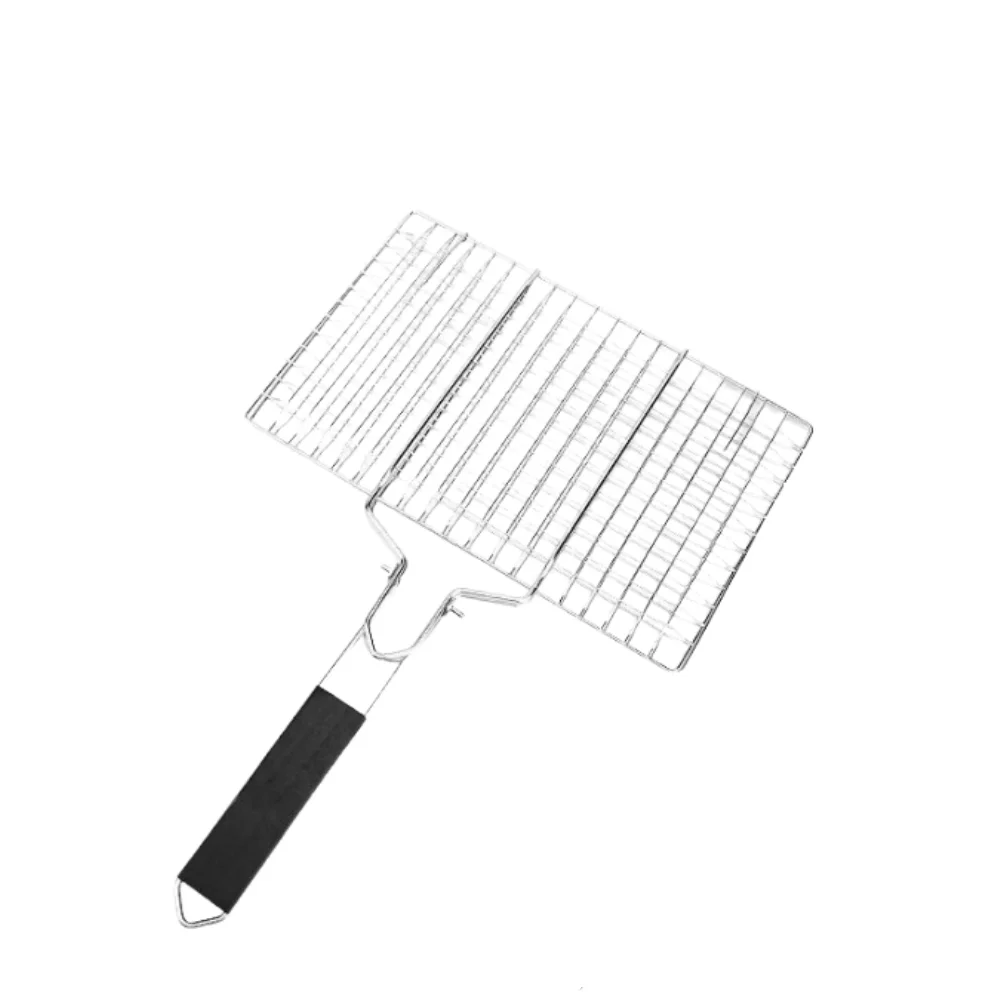 Outdoor Portable 304 Stainless Steel Square Folding Grid Design Grill Net Fish Clamp With Non Slip Solid Wood Handle