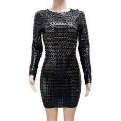 Sexy Long Sleeve Faux Leather Hole Punched Club Dress 2022