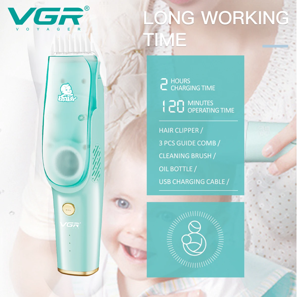 VGR V-151 Low Noise Professional Ceramic Blades  Baby Hair Clipper Electric Hair Trimmers for Kids with 3 Comb Guide