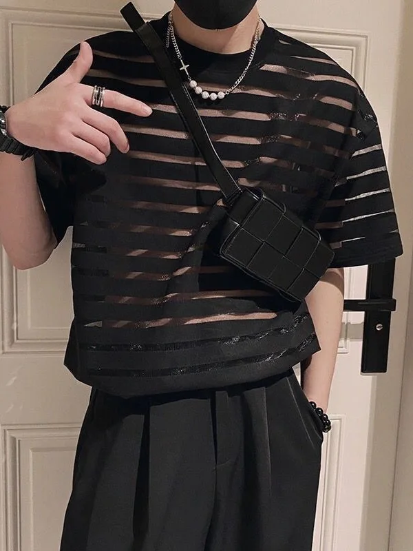 Men Clothing Streetwear Sexy Korean Fashion Tee Tops Transparent Striped Mesh T-shirt Homme