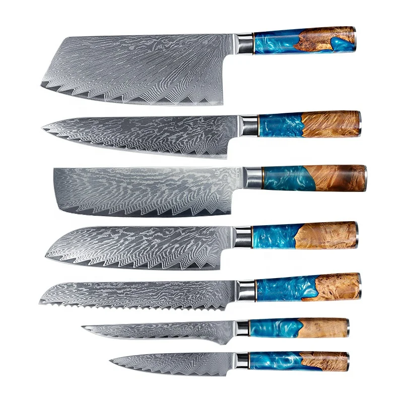 New Professional Damascus Knife set 67 lays VG10 Kitchen Chef knife With Blue Resin Handle