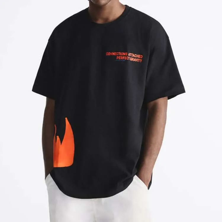 Korean fashion flame pattern men t shirts front contrast graphic prints t shirt