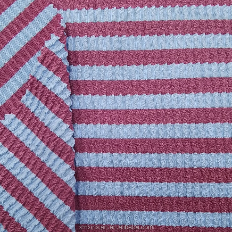 New Stripe colored Recycled crinkle swimwear seersucker knit thick stretchy swim fabric crinkle for bikini swimsuit