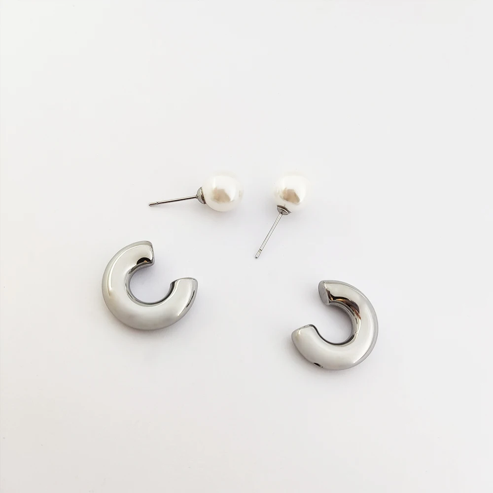 Shell Pearl Hoop Earrings Chunky Earrings Plata 18K Gold Plated Jewelry Silver Pearl Earrings Pearl Jewelry