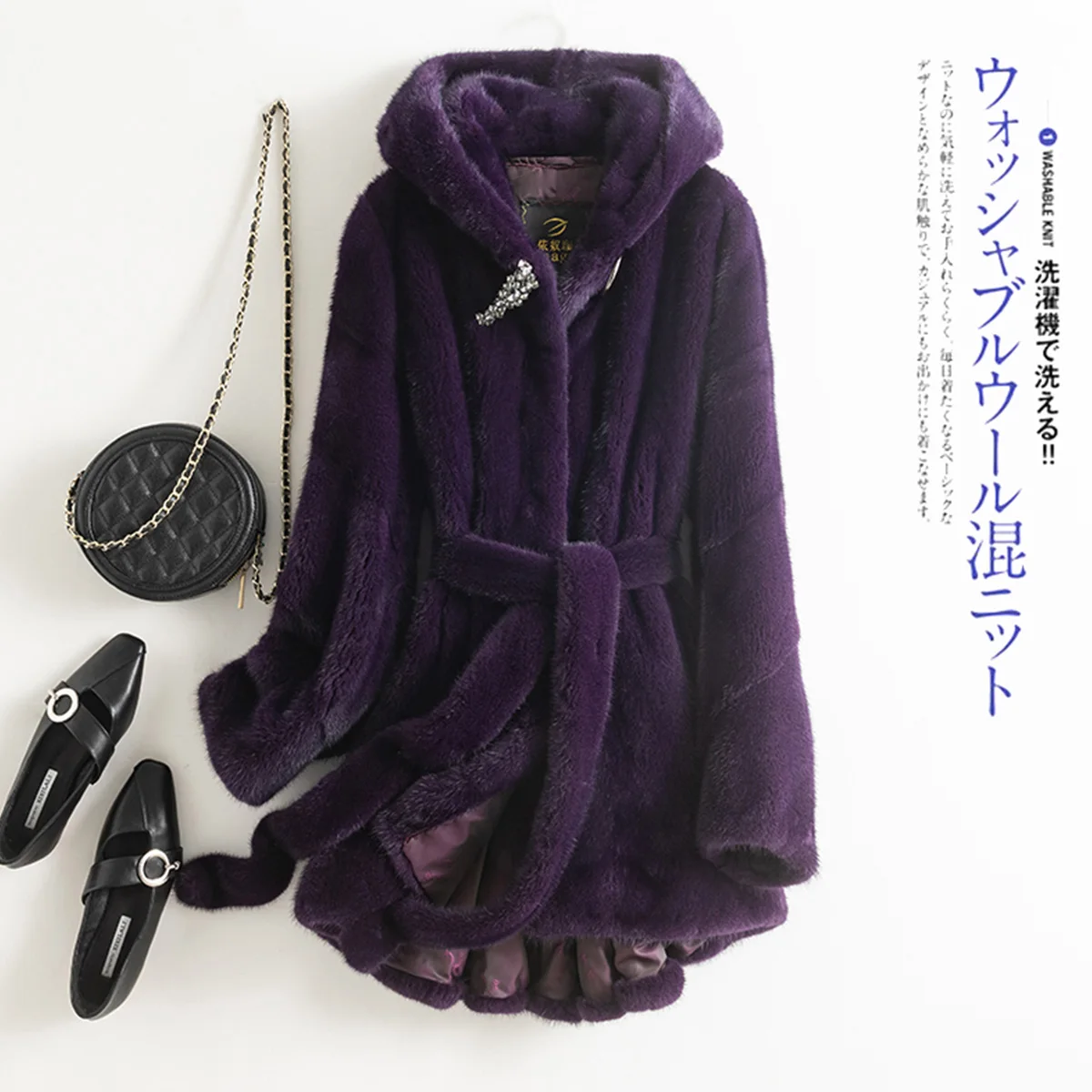 2022 fashion Big Hood Fur Coat purple Women Mink Fur Coat Scallop Hem Jacket Genuine Natural Fur Mink Coats