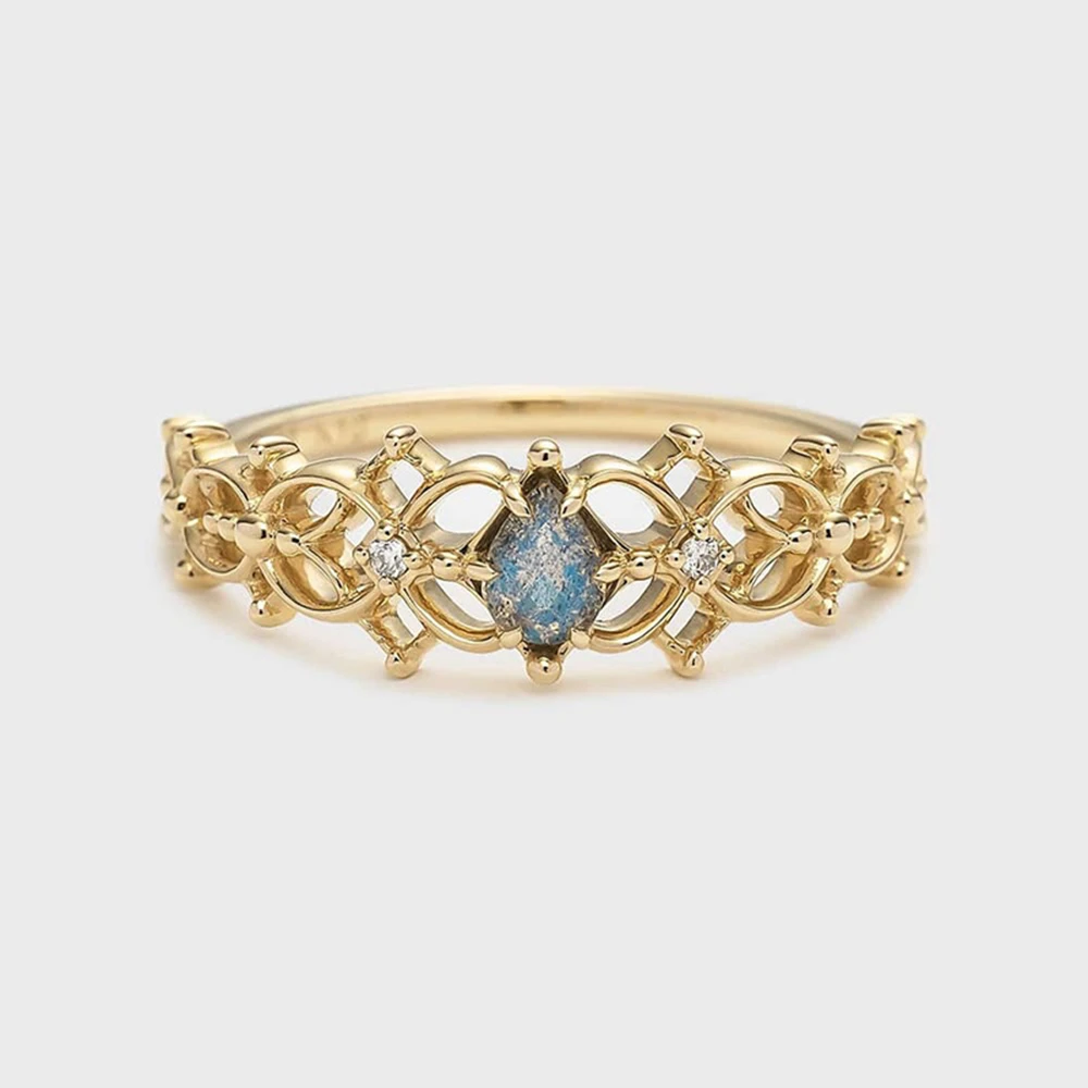 925 Sterling Silver 14K Gold Plated Gemstone Cz Zircon Fashion Hollow Simple Clover Labradorite Ring