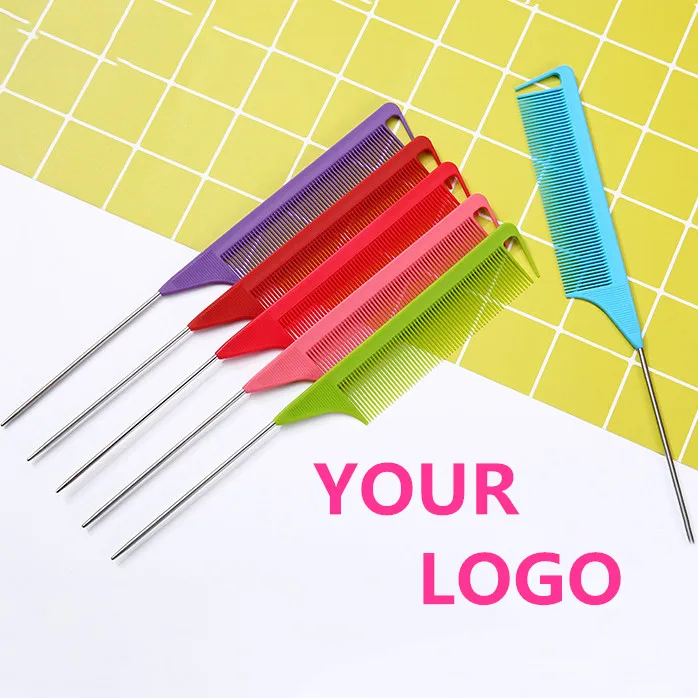 Amazon Customized Private Label Pink Hair Tinting Parting Comb Salon Styling Metal Pin Rat Tail Carbon Braiding Comb For Women