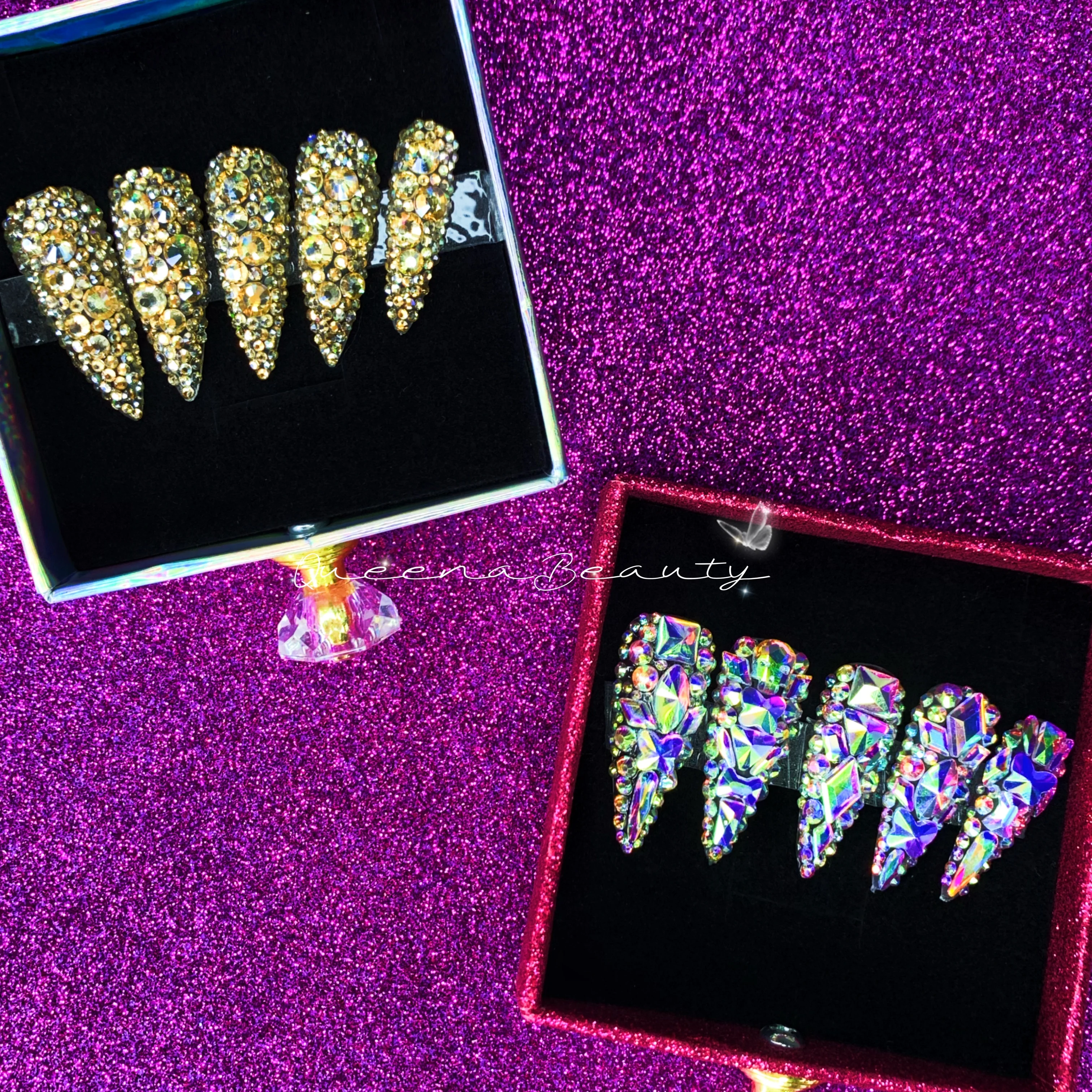 Custom Artificial Fingernails 3D Luxury Crystal Rhinestone Diamond Hand Made Press On nails Tips Faux Ongles