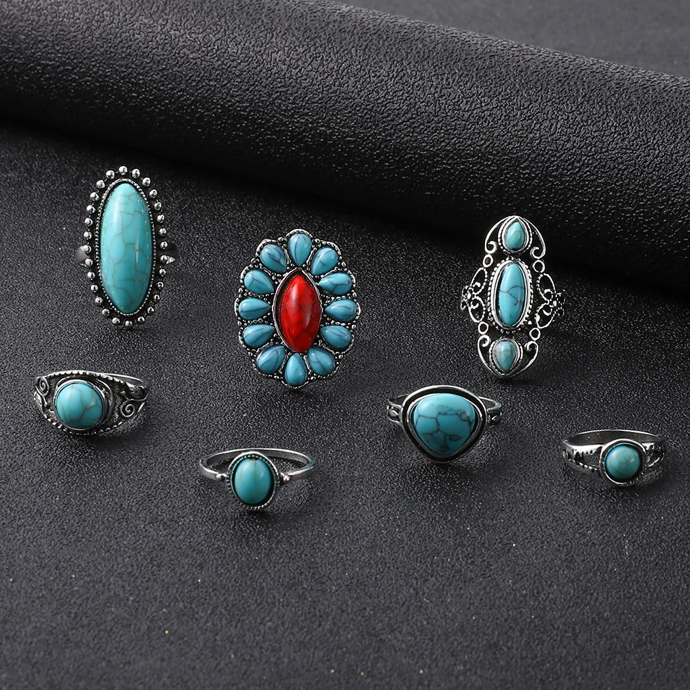 7/8/9Psc/Set Personalized Emerald Natural Stone Fashion Ethnic Vintage Style With Turquoise Carved Feather Ring Jewelry Ring Set