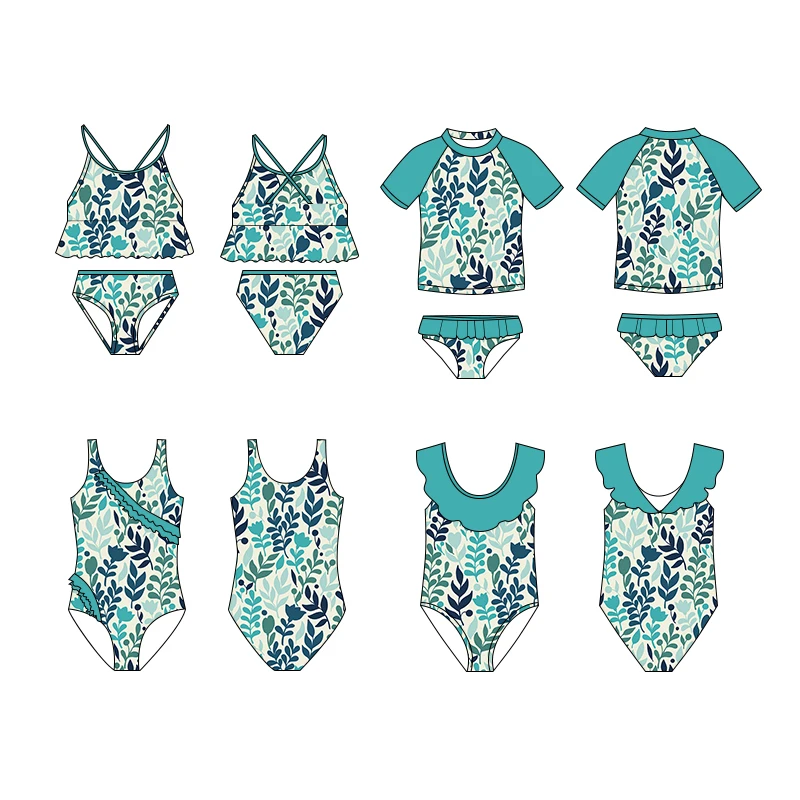 New Trends Sustainable 4 Way Stretch Kids Swimsuit Quick Dry Two Pieces Girls Swimwear Floral Print Bikini Set For Kids Girls