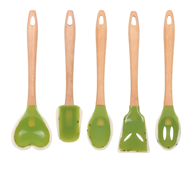Оптовая продажа, термостойкий нескользящий Силиконовый кухонный шпатель, инструменты, кухонная утварь с деревянной ручкой
