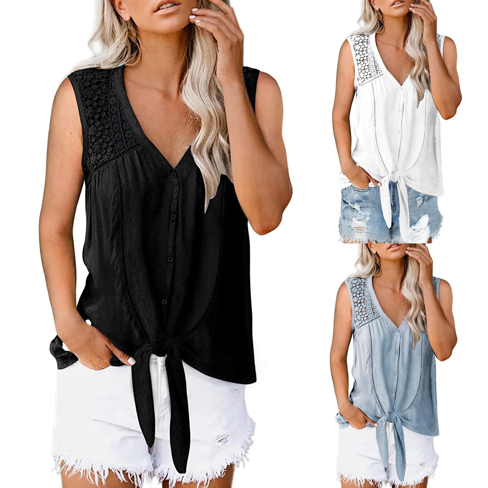 Женская кружевная блузка без рукавов, Повседневная ажурная блузка на пуговицах с V-образным вырезом, лето 2021