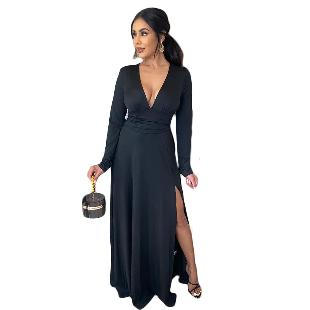 faldas largas para mujer  summer womens clothing long sleeves deep v neck evening dress sexy casual dresses women lady elegant