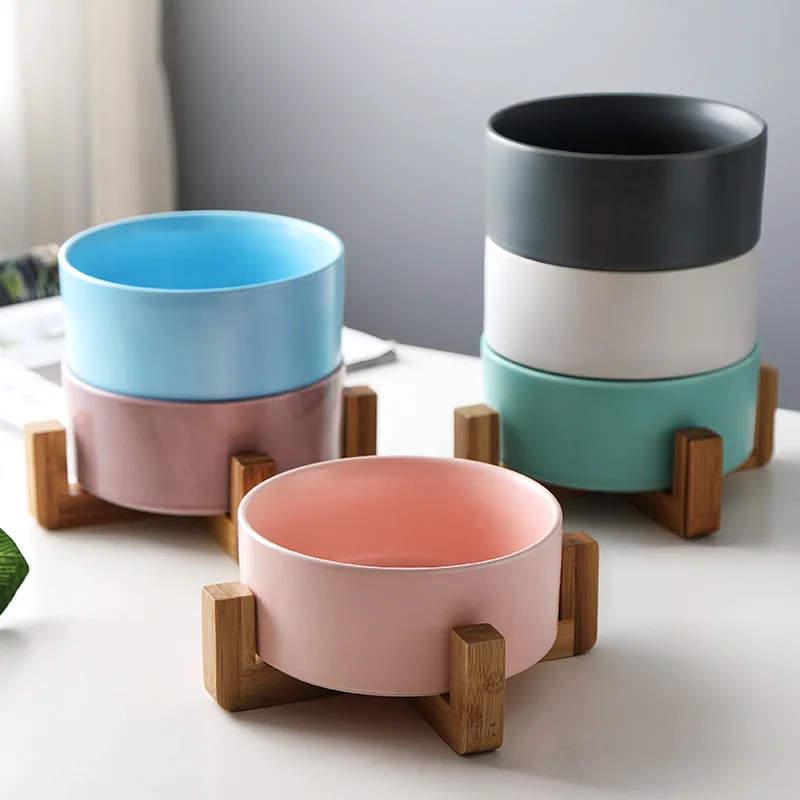 Manufacturer Wholesale Multi Colors Ceramic Pet Food Cat Dog Bowl with Bamboo Wooden Stand