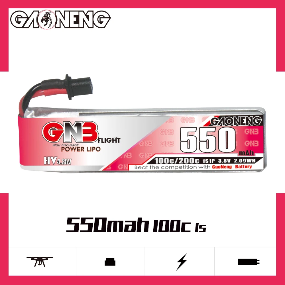 GAONENG GNB 1S 3.8V HV 550MAH 100C A30 Cabled RC LiPo Battery Mini Quads FPV Drone Mini Micro Whoops PowerWhoop Quad Quadcopter