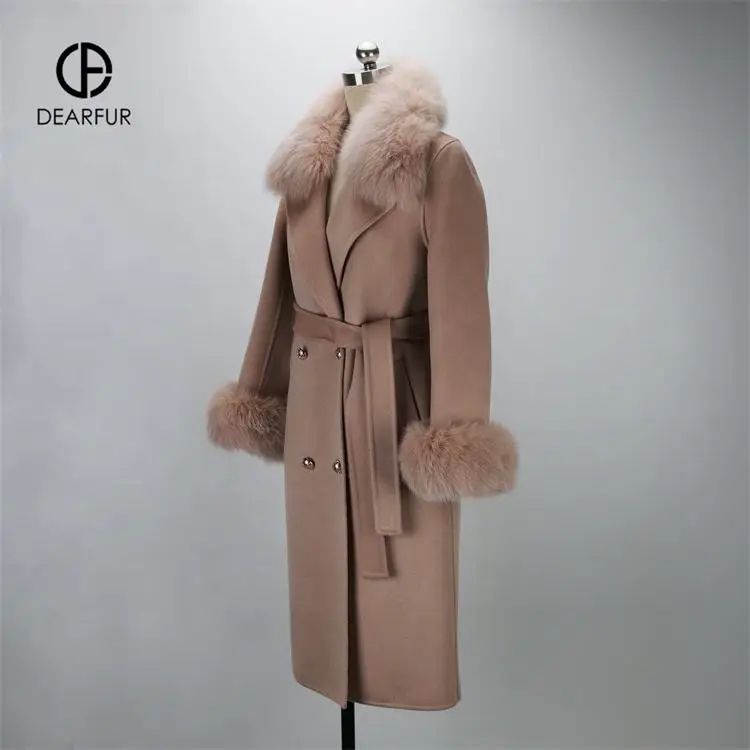 High Quality Elegant Fur Over Coat Womens Wool Cashmere Blend Standard Solid Long Fur Coats