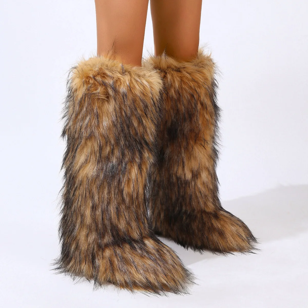2024 hot  ladies colorful warm plush winter long snow boots flat women furry knee high boots