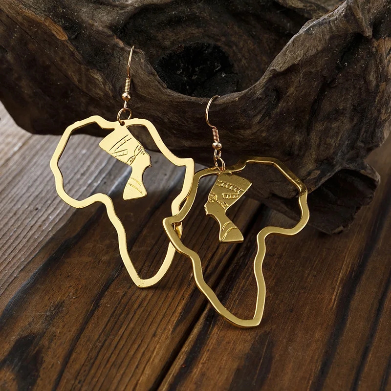 Earrings Gold Egyptian Queen Alloy Cutout Portrait Design Earrings African Map Ethnic Earrings