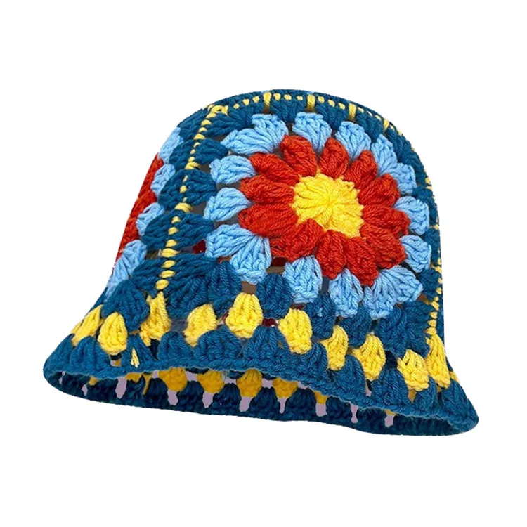 Custom Foldable Hand Woven Knitted Bucket Hat With Colorful Flowers Embroidery Cute Girls Women Summer Crochet Sun Hats