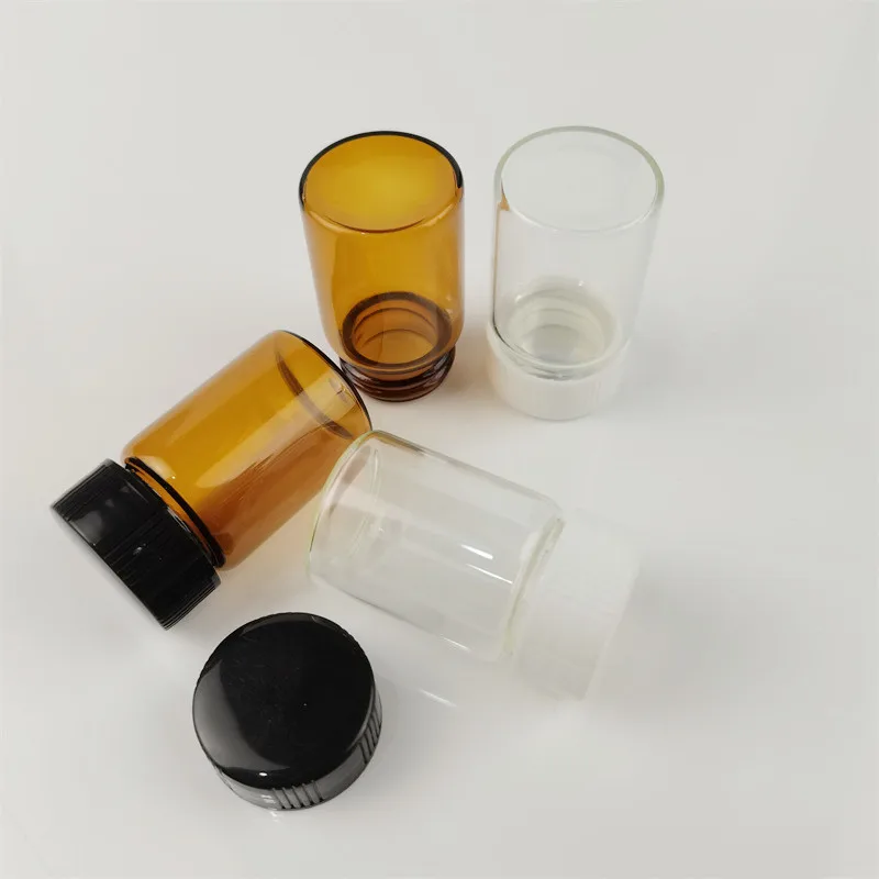 15ml small clear glass pill bottle wide mouth for tablet pharmaceutical round glass amber medicine bottle with black screw lid