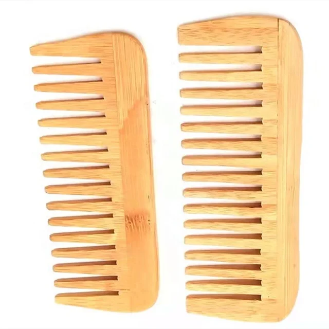 Custom Logo Natural Bamboo Wood Wide Tooth Comb Massage Comb Hair Detangling Brush